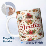 Personalized Custom Name Vintage Christmas Bells Candle Snow Globe Festive Seamless Pattern 11oz Ceramic Coffee Tea Mug White Large Handle