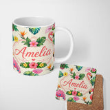 Personalized Custom Name Tropical Flamingo Bird with Exotic Flowers Leaves Pattern Cream 11oz Ceramic Coffee Tea Mug White Large Handle