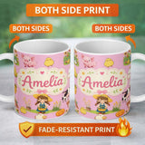 Personalized Custom Name Cute Farm Girl Animals Harvest Seamless Pattern Pink Background 11oz Ceramic Coffee Tea Mug White Large Handle