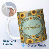 Personalized Custom Name Golden Sunflower Floral on Textured Blue Background Seamless Pattern 11oz Ceramic Coffee Tea Mug White Large Handle