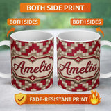 Personalized Custom Name Red Beige Pixel Grid Geometric Abstract Seamless Pattern Lovely 11oz Ceramic Coffee Tea Mug White Large Handle