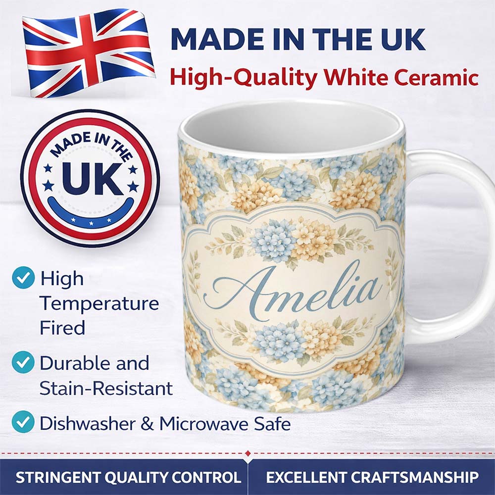 Personalized Custom Name Vintage Blue and Cream Hydrangea Floral Seamless Pattern Lovely 11oz Ceramic Coffee Tea Mug White Large Handle
