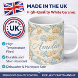 Personalized Custom Name Vintage Blue and Cream Hydrangea Floral Seamless Pattern Lovely 11oz Ceramic Coffee Tea Mug White Large Handle
