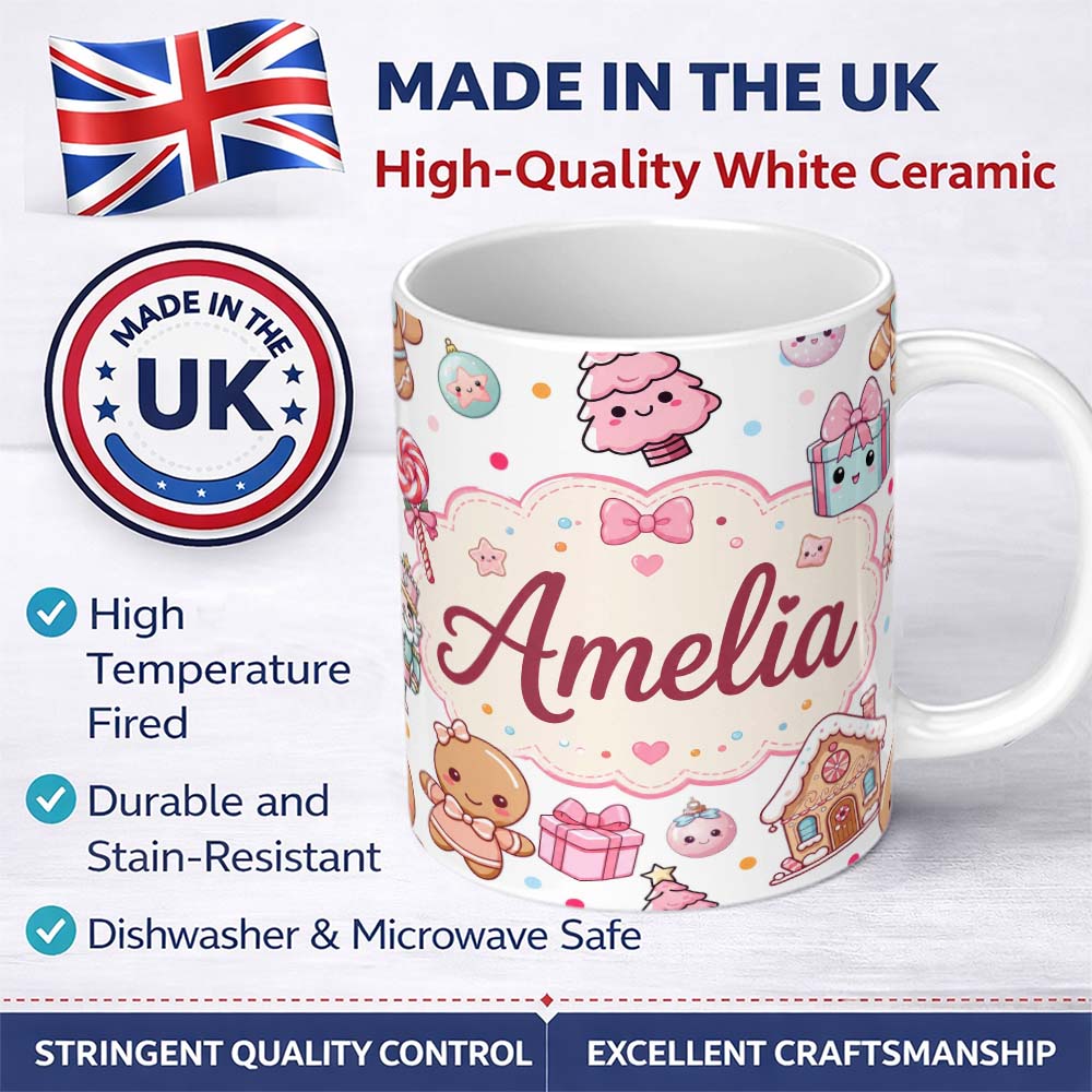 Personalized Custom Name Cute Christmas Gingerbread Candy Gift House Seamless Pattern Grey 11oz Ceramic Coffee Tea Mug White Large Handle