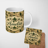 Personalized Custom Name Vintage Maple Leaf Branches on Textured Beige Seamless Pattern 11oz Ceramic Coffee Tea Mug White Large Handle