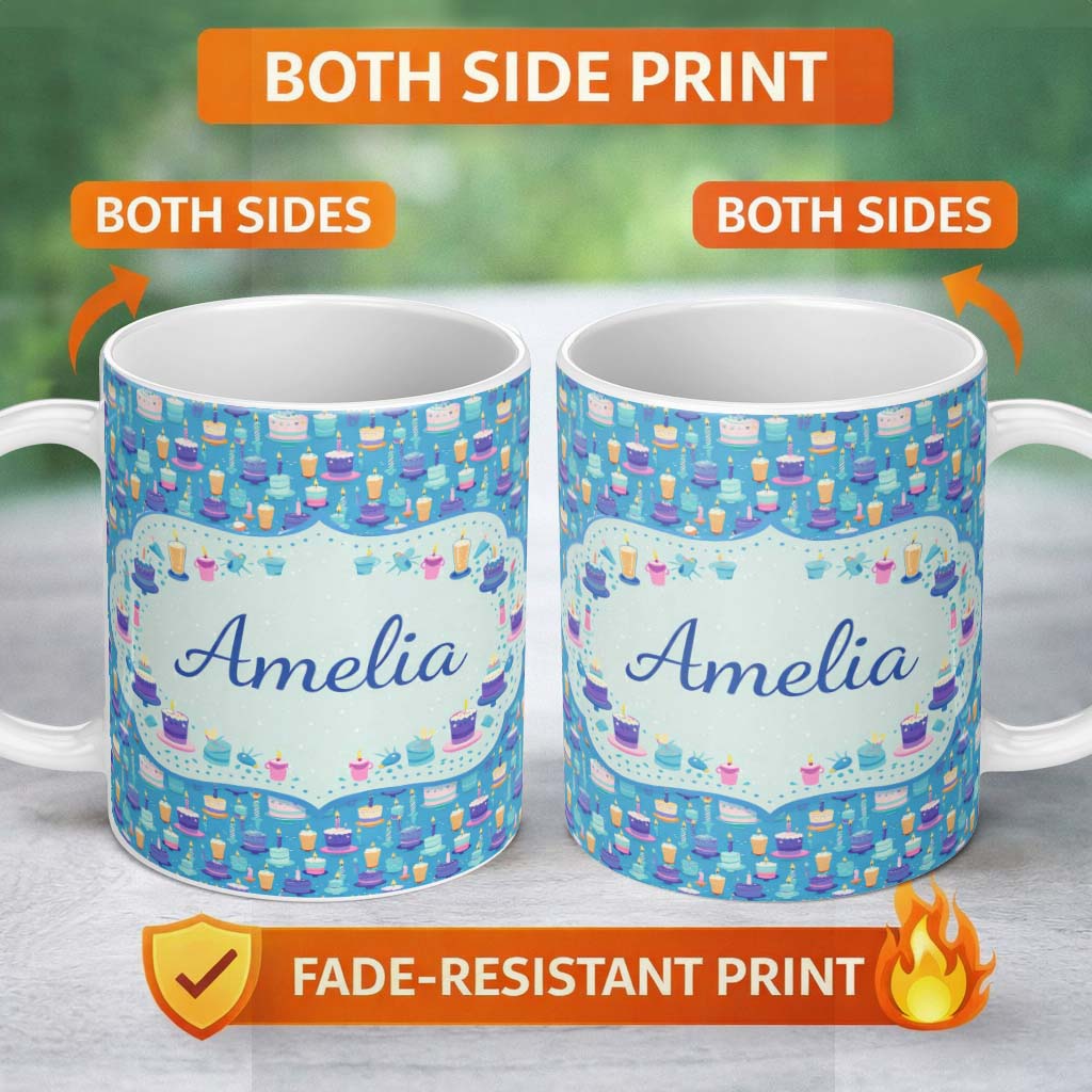 Personalized Custom Name Yellow Floral Cake Seamless Pattern Botanical Dessert Food Design 11oz Ceramic Coffee Tea Mug White Large Handle