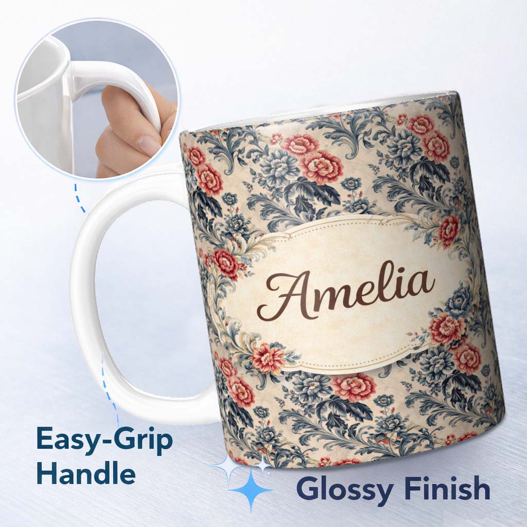 Personalized Custom Name Blue Red Vintage Floral Seamless Pattern Classic Botanical Lovely 11oz Ceramic Coffee Tea Mug White Large Handle