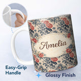 Personalized Custom Name Blue Red Vintage Floral Seamless Pattern Classic Botanical Lovely 11oz Ceramic Coffee Tea Mug White Large Handle