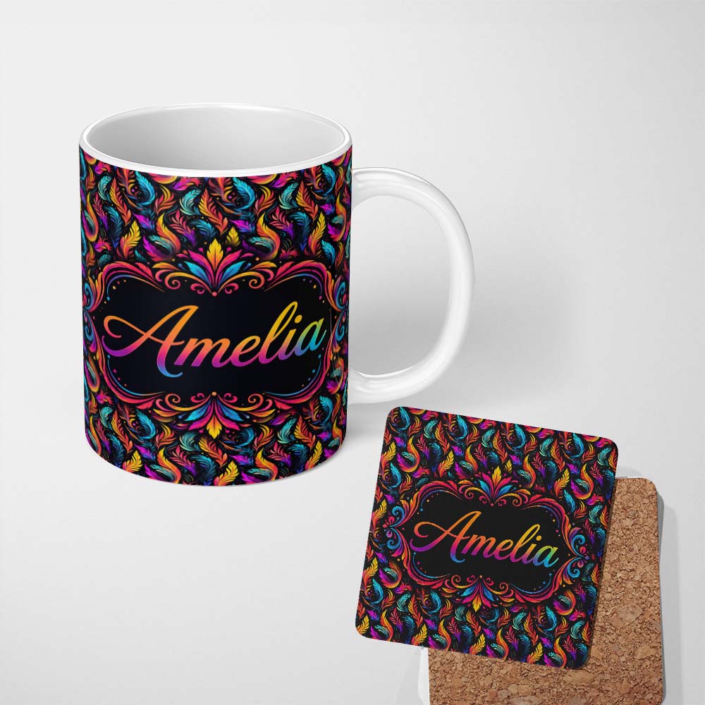 Personalized Custom Name Colorful Tropical Feather Leaves on Black Background Seamless Exotic 11oz Ceramic Coffee Tea Mug White Large Handle