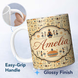 Personalized Custom Name Ancient Egyptian with Figures Symbols and Pyramids in Warm Earth 11oz Ceramic Coffee Tea Mug White Large Handle