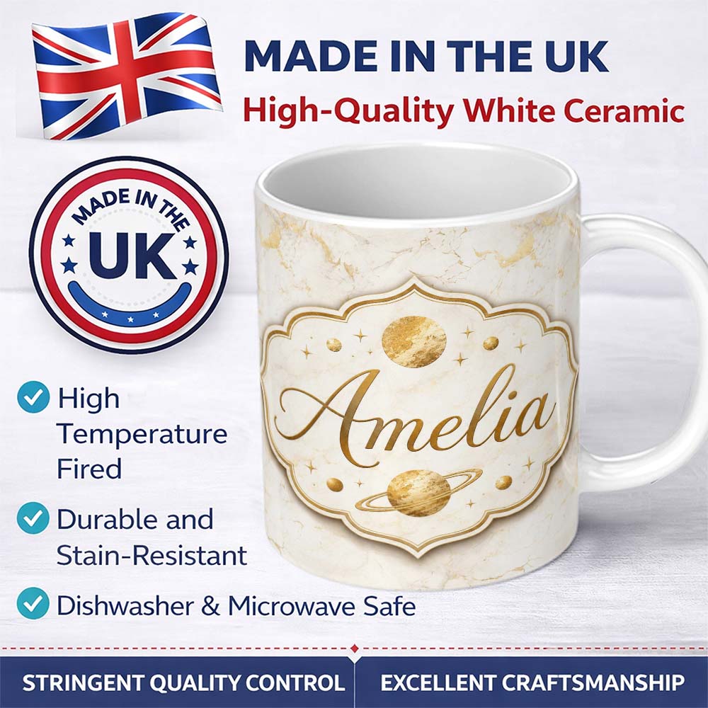 Personalized Custom Name Luxurious White Marble with Gold Veins Seamless Pattern Lovely 11oz Ceramic Coffee Tea Mug White Large Handle