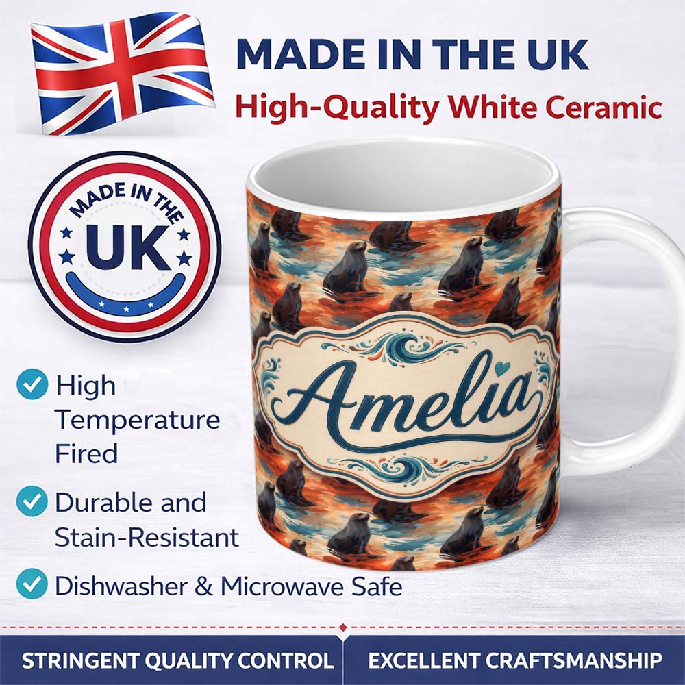 Personalized Custom Name Bright Blue Ocean Seal Swimming Waves Artistic Seamless Pattern 11oz Ceramic Coffee Tea Mug White Large Handle