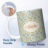 Personalized Custom Name Colorful Ornamental Floral Tile Red Blue and Green Seamless Pattern 11oz Ceramic Coffee Tea Mug White Large Handle