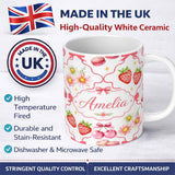 Personalized Custom Name Strawberry Cherry Daisy Floral Bow Sweet Dessert Coral Red Outline 11oz Ceramic Coffee Tea Mug White Large Handle