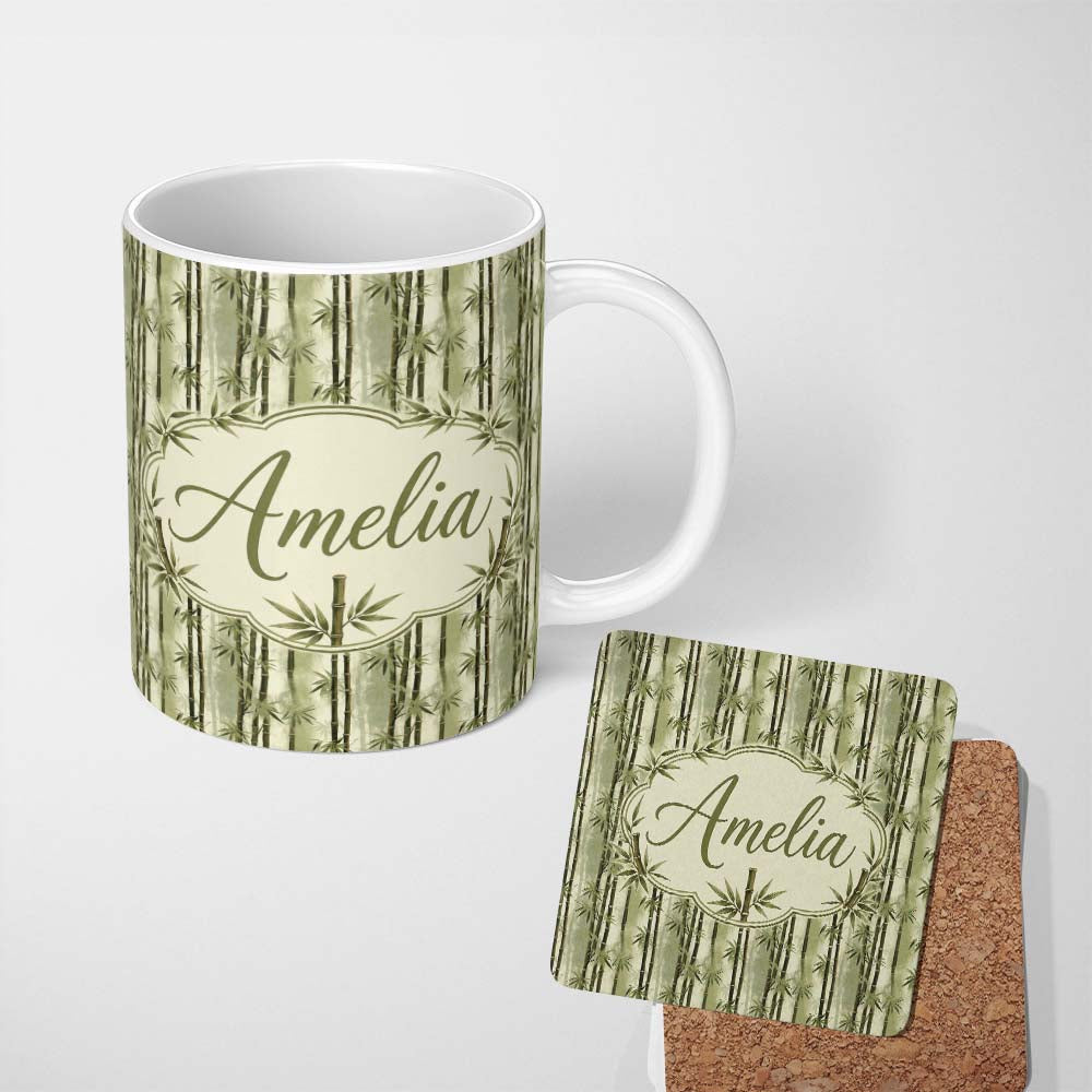 Personalized Custom Name Muted Green Bamboo with Layered Forest Depth Seamless Pattern Lovely 11oz Ceramic Coffee Tea Mug White Large Handle