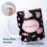 Personalized Custom Name Cute Pastel Goth Bunny Ghost Pumpkin Candy Pattern Soft Grey Lovely 11oz Ceramic Coffee Tea Mug White Large Handle
