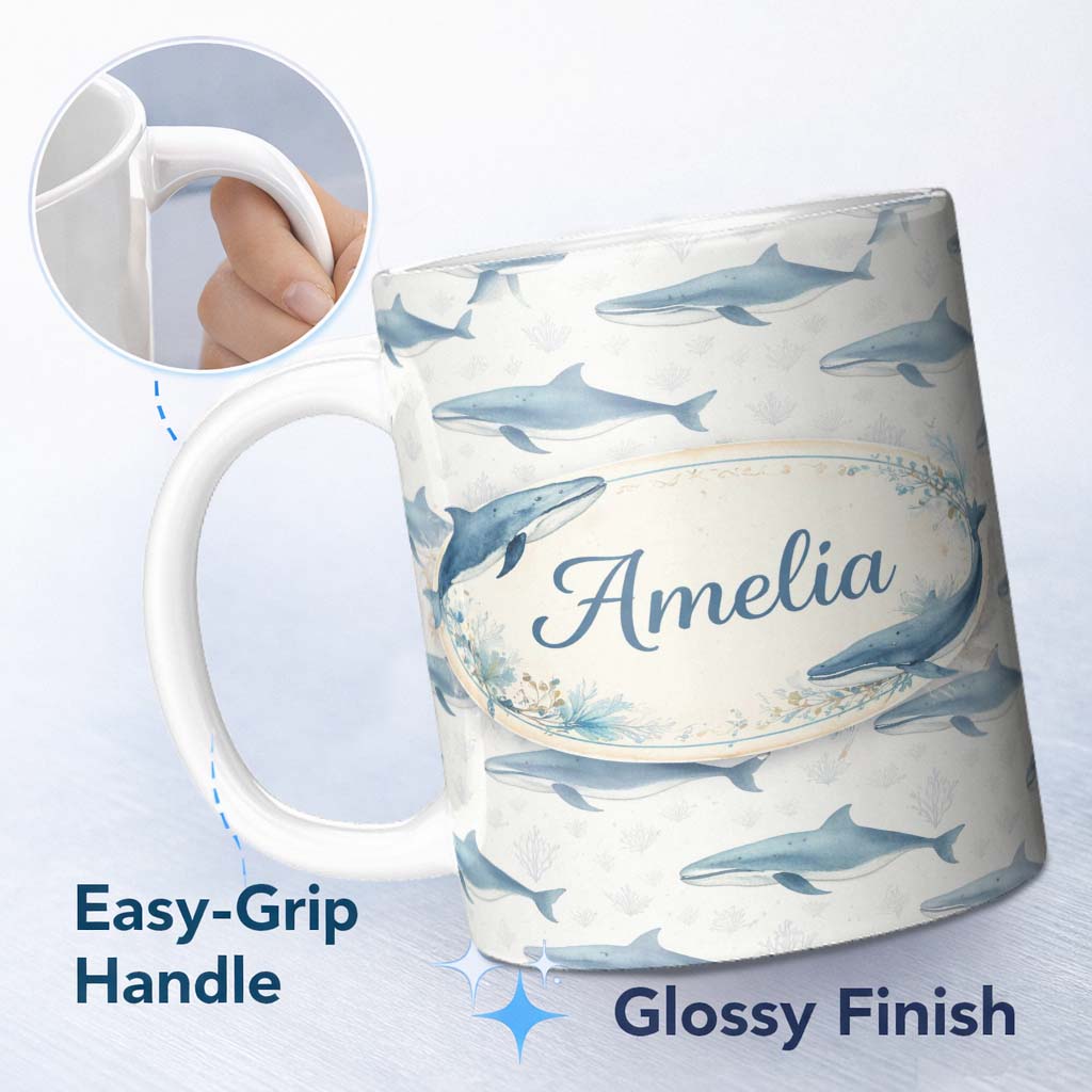 Personalized Custom Name Watercolor Blue Beluga Whale Seamless Pattern Marine Ocean Design 11oz Ceramic Coffee Tea Mug White Large Handle