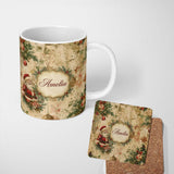 Personalized Custom Name Rustic Vintage Santa Pine Branch Ornament Seamless Pattern Lovely 11oz Ceramic Coffee Tea Mug White Large Handle