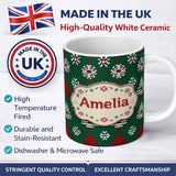 Personalized Custom Name Cute Green Knitted Christmas Tree Reindeer Snowflake Nordic Seamless 11oz Ceramic Coffee Tea Mug White Large Handle
