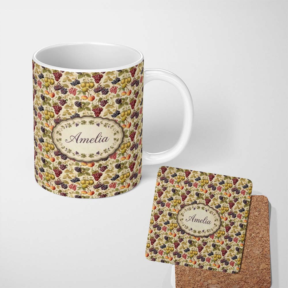 Personalized Custom Name Classic Vintage Grapes Pear and Apple Botanical Seamless Pattern 11oz Ceramic Coffee Tea Mug White Large Handle