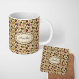 Personalized Custom Name Classic Vintage Grapes Pear and Apple Botanical Seamless Pattern 11oz Ceramic Coffee Tea Mug White Large Handle