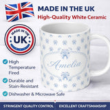 Personalized Custom Name Blue Rose Bow Tossed Floral Seamless Pattern Stylish Everyday Mug 11oz Ceramic Coffee Tea Mug White Large Handle
