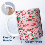 Personalized Custom Name Cute Santa Face Candy Cane Holly Berry Seamless Pattern Lovely 11oz Ceramic Coffee Tea Mug White Large Handle