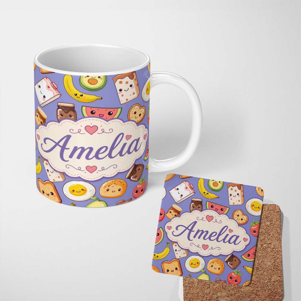 Personalized Custom Name Cute Kawaii Breakfast Food Seamless Pattern Purple Background Fun 11oz Ceramic Coffee Tea Mug White Large Handle