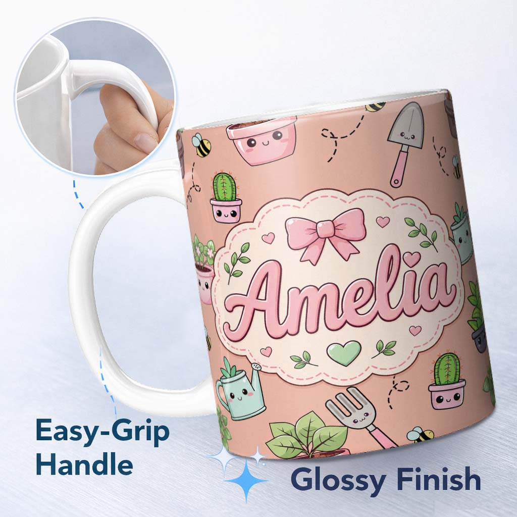 Personalized Custom Name Cute Kawaii Garden Tools Plants Bees Seamless Pattern Peach Lovely 11oz Ceramic Coffee Tea Mug White Large Handle