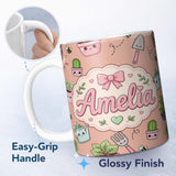 Personalized Custom Name Cute Kawaii Garden Tools Plants Bees Seamless Pattern Peach Lovely 11oz Ceramic Coffee Tea Mug White Large Handle