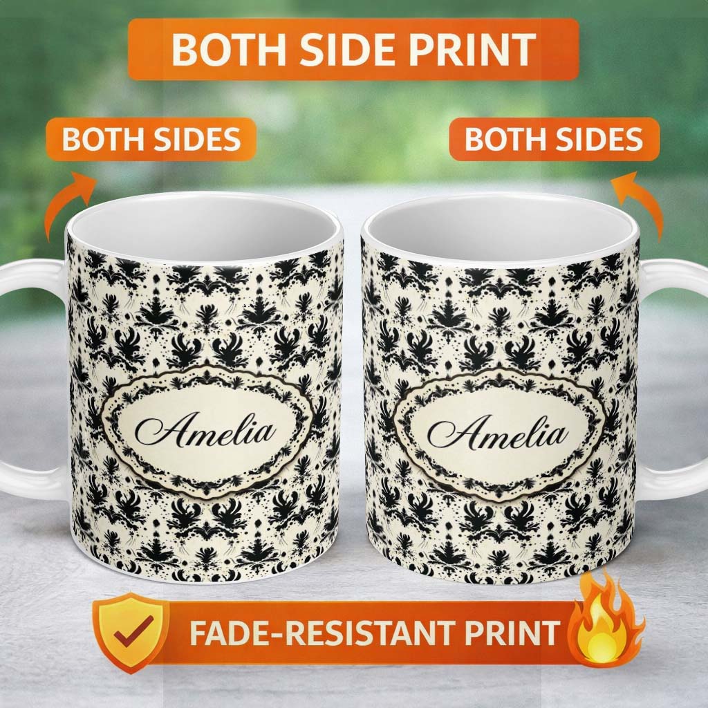 Personalized Custom Name Black Damask Silhouette Ornamental Seamless Pattern Cute Unique Gift 11oz Ceramic Coffee Tea Mug White Large Handle