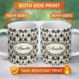 Personalized Custom Name Black Damask Silhouette Ornamental Seamless Pattern Cute Unique Gift 11oz Ceramic Coffee Tea Mug White Large Handle