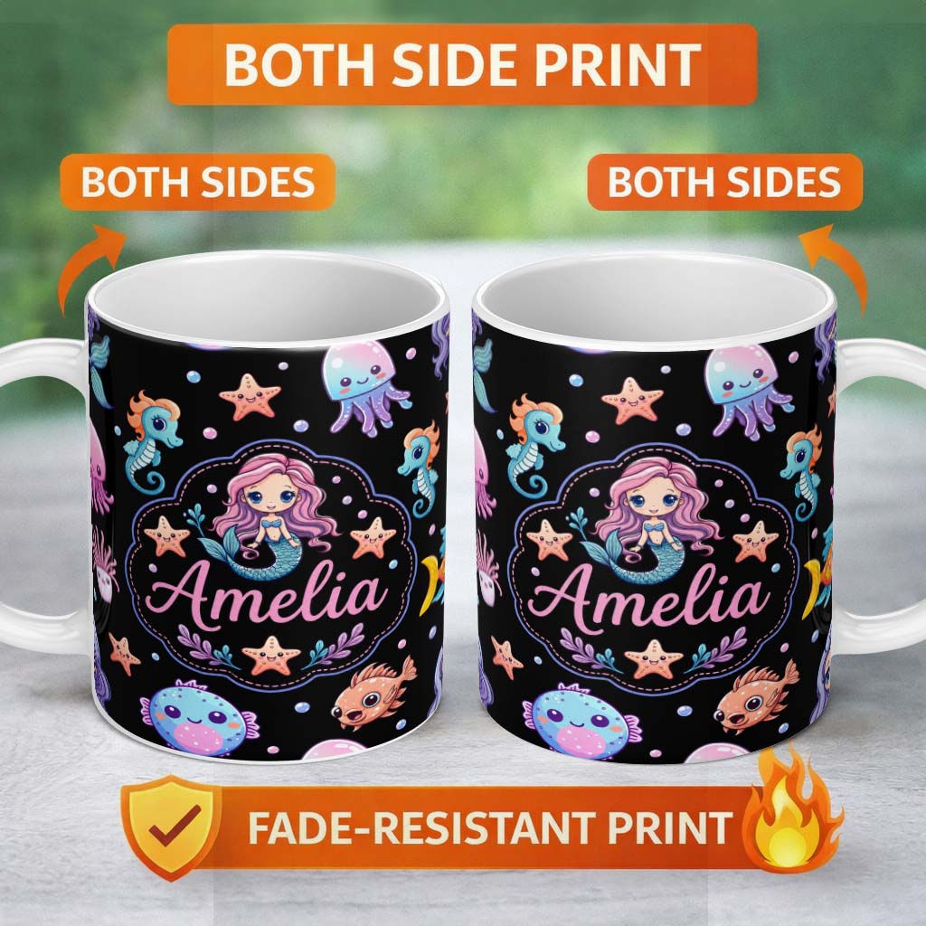 Personalized Custom Name Cute Cartoon Mermaid with Sea Creatures on Black Background Kids 11oz Ceramic Coffee Tea Mug White Large Handle