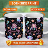 Personalized Custom Name Cute Cartoon Mermaid with Sea Creatures on Black Background Kids 11oz Ceramic Coffee Tea Mug White Large Handle
