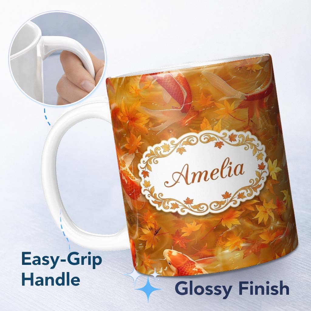 Personalized Custom Name Autumn Koi Fish with Golden Maple Leaves Pattern Warm Watercolor 11oz Ceramic Coffee Tea Mug White Large Handle