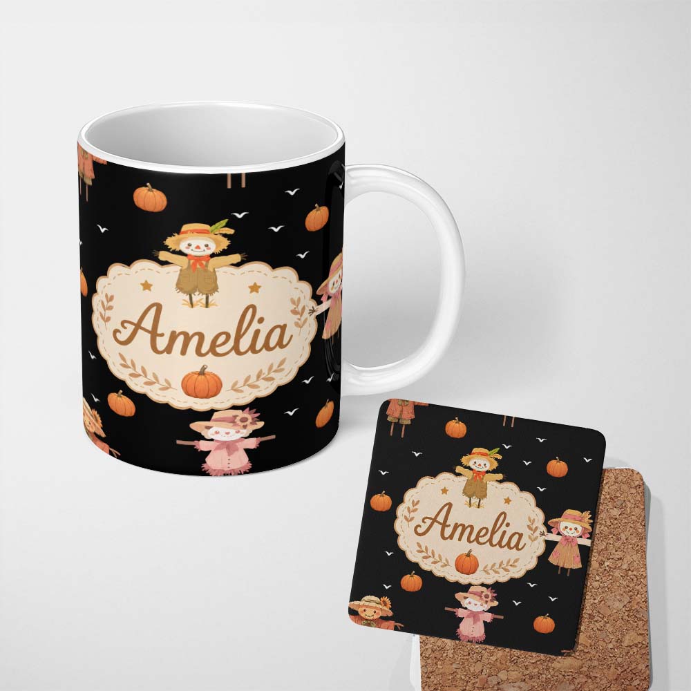 Personalized Custom Name Cute Autumn Scarecrow Pumpkin Birds Seamless Pattern Black Lovely 11oz Ceramic Coffee Tea Mug White Large Handle