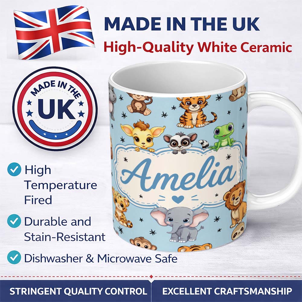 Personalized Custom Name Cute Jungle Baby Animals Lion Tiger Elephant Giraffe Pattern Blue 11oz Ceramic Coffee Tea Mug White Large Handle