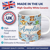 Personalized Custom Name Cute Jungle Baby Animals Lion Tiger Elephant Giraffe Pattern Blue 11oz Ceramic Coffee Tea Mug White Large Handle