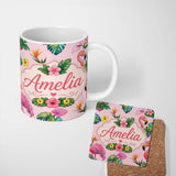Personalized Custom Name Tropical Flamingo Bird with Exotic Flowers Leaves Blush Pink Lovely 11oz Ceramic Coffee Tea Mug White Large Handle