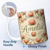 Personalized Custom Name Warm Orange Protea Flower Vintage Botanical Seamless Pattern Lovely 11oz Ceramic Coffee Tea Mug White Large Handle