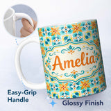 Personalized Custom Name Dark Floral Folk Pattern Orange Blue Seamless Pattern Lovely 11oz Ceramic Coffee Tea Mug White Large Handle