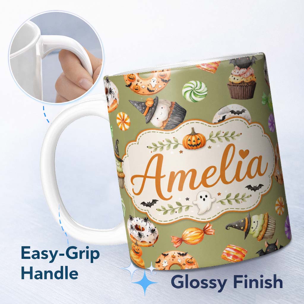 Personalized Custom Name Cute Halloween Donuts Cupcakes Bats Candy and Pumpkins Olive Green 11oz Ceramic Coffee Tea Mug White Large Handle