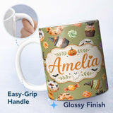 Personalized Custom Name Cute Halloween Donuts Cupcakes Bats Candy and Pumpkins Olive Green 11oz Ceramic Coffee Tea Mug White Large Handle
