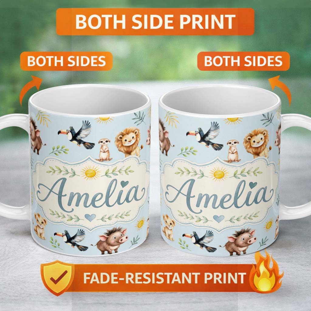 Personalized Custom Name Jungle Animals Lion Meerkat Toucan Boar on Soft Blue Seamless 11oz Ceramic Coffee Tea Mug White Large Handle