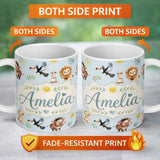 Personalized Custom Name Jungle Animals Lion Meerkat Toucan Boar on Soft Blue Seamless 11oz Ceramic Coffee Tea Mug White Large Handle