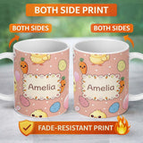 Personalized Custom Name Cute Easter Bunny Chick Carrots Eggs Polka Dot Pattern Beige Lovely 11oz Ceramic Coffee Tea Mug White Large Handle