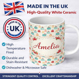Personalized Custom Name Vintage Mini Cake Seamless Pattern Dessert Food Illustration Design 11oz Ceramic Coffee Tea Mug White Large Handle