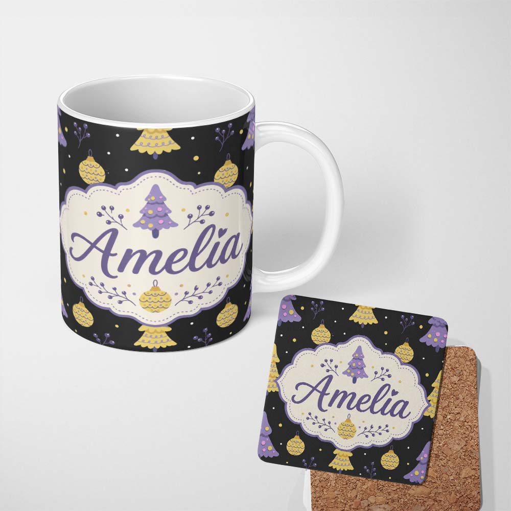 Personalized Custom Name Cute Purple Christmas Tree with Baubles and Ornaments Dark Lovely 11oz Ceramic Coffee Tea Mug White Large Handle