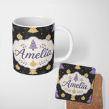 Personalized Custom Name Cute Purple Christmas Tree with Baubles and Ornaments Dark Lovely 11oz Ceramic Coffee Tea Mug White Large Handle