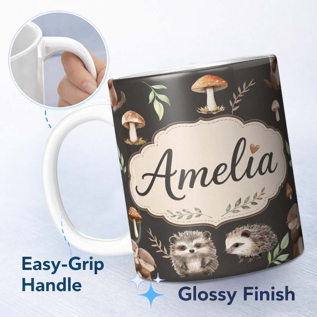 Personalized Custom Name Cute Woodland Hedgehog Mushrooms Leaves Seamless Pattern Dark Brown 11oz Ceramic Coffee Tea Mug White Large Handle